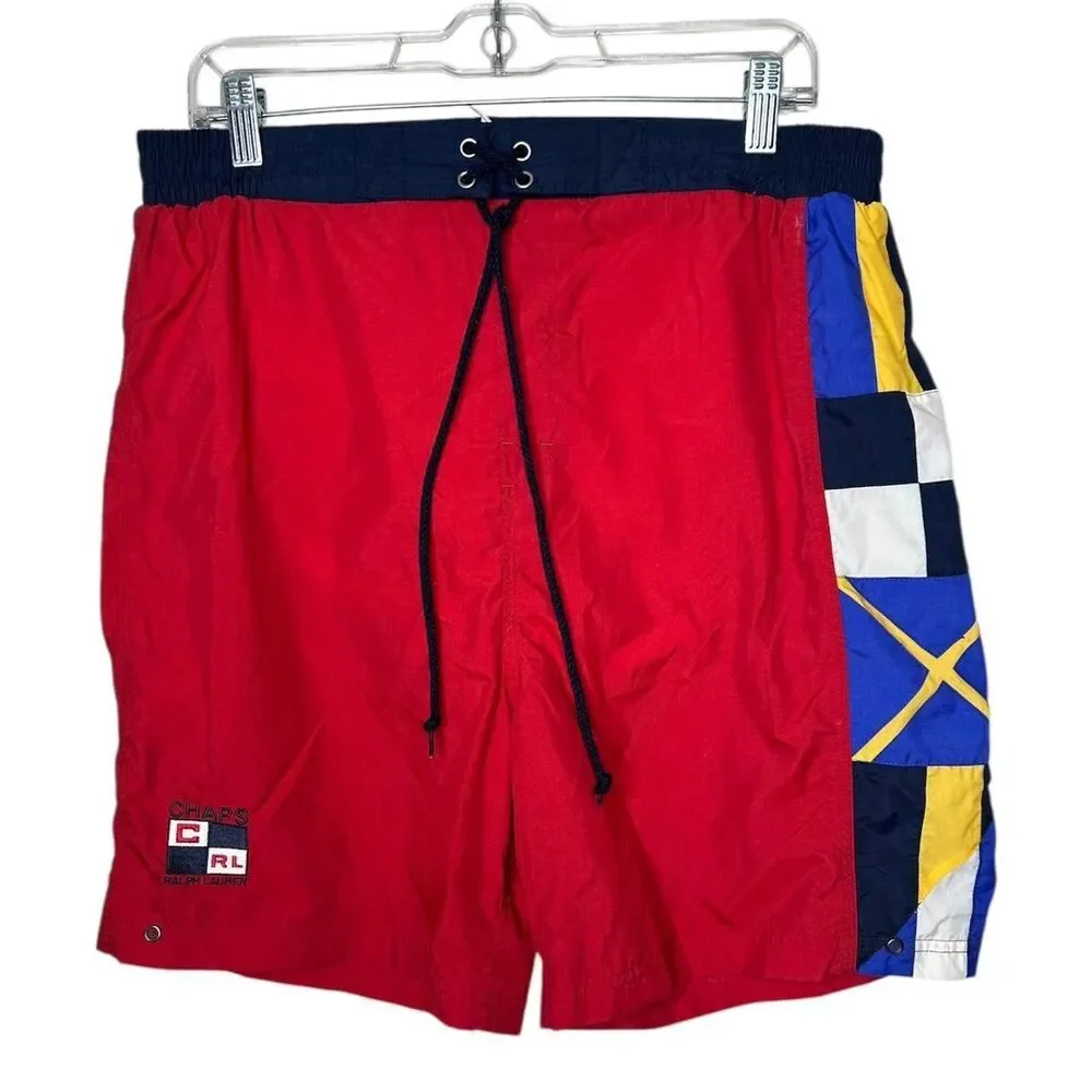 Vintage Ralph Lauren Chaps red swim trunks with navy blue, yellow, and white